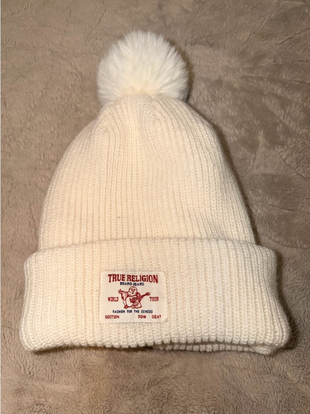 True Religion Beanie UNISEX OSFM Acrylic Cable Knit Pom Outdoor Nature Cozy GUC
